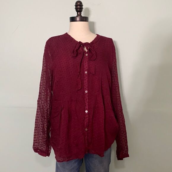 Meadow Rue Maroon Tie Neck Longer Length Blouse - Picture 1 of 4